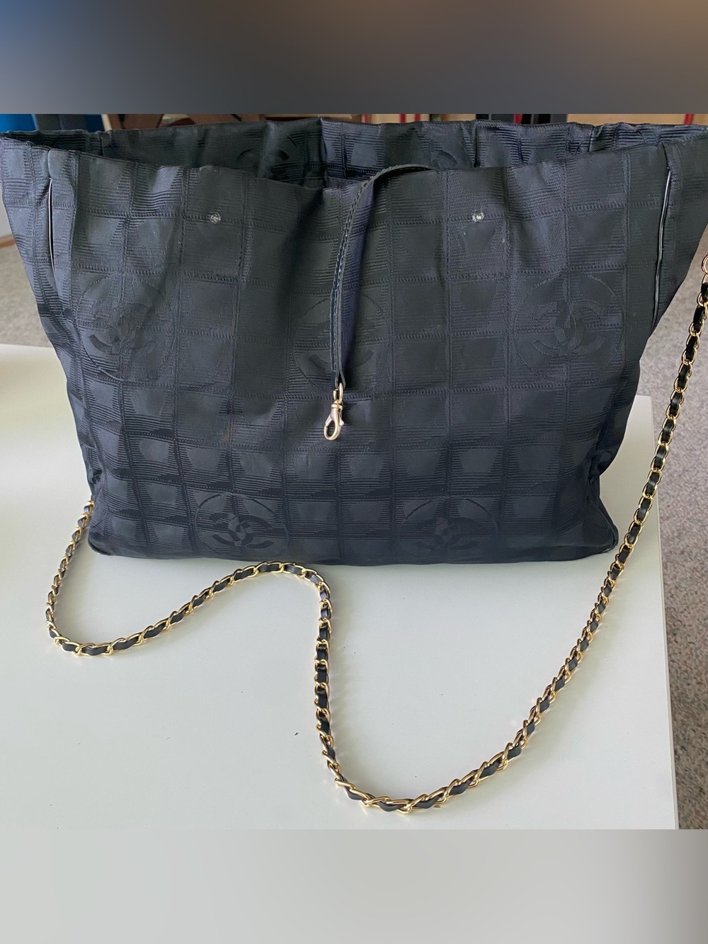 CHANEL Black Quilted Nylon Shoulder Bag with Chain-Trim Strap